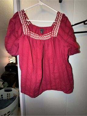 Lane Bryant Red Peasant Blouse with Embroidered Square Neckline